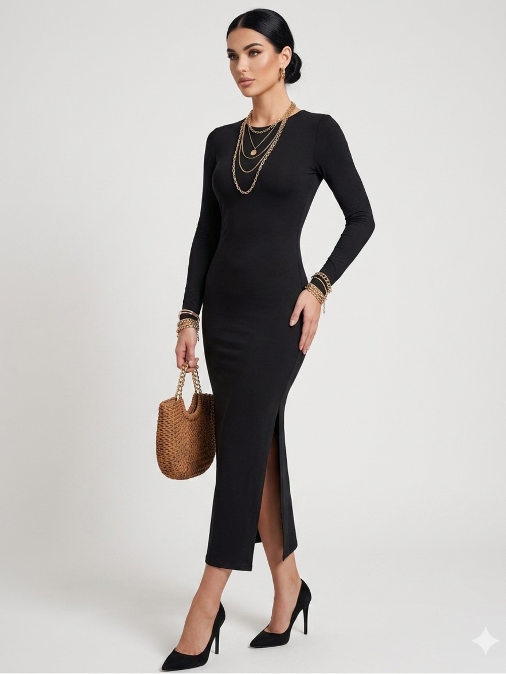 Minimalist Black Ribbed V-Neck Midi Dress Long Sleeve,  Knit, Side Slit